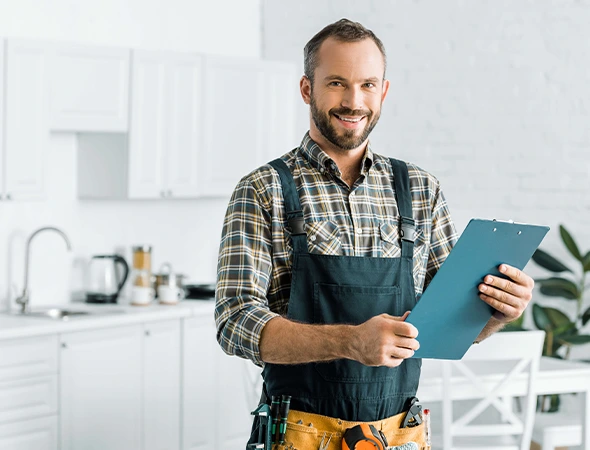 Exterior and interior surface maintenance in New Baltimore, MI showing a professional handyman in a kitchen.